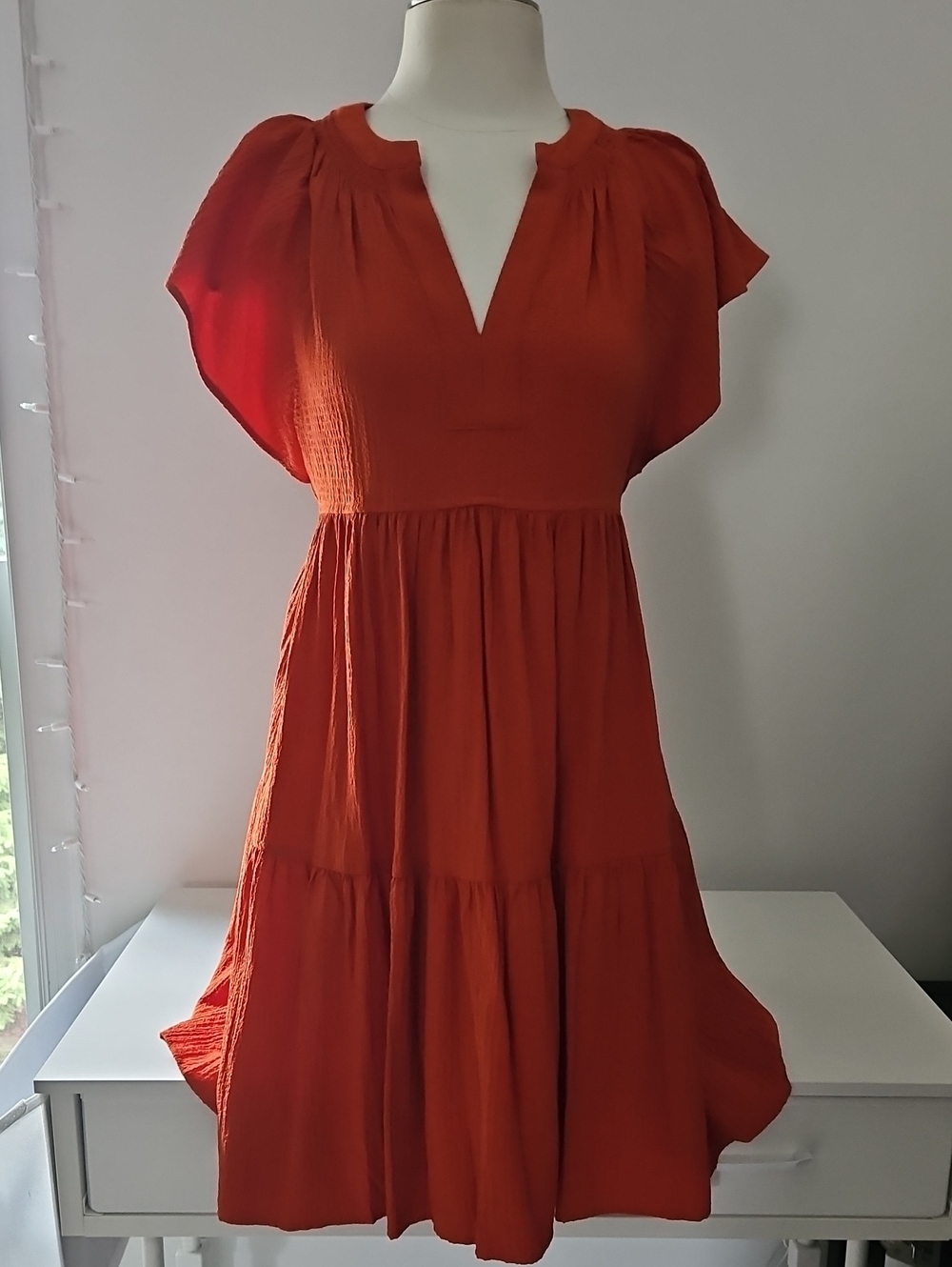 Womens Calvin Klein Short Sleeve Split Neck Tier A-Line Dress